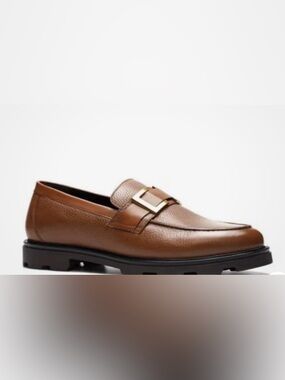 Men's Brown Leather Slip-On Loafer with Gold Buckle Accent New